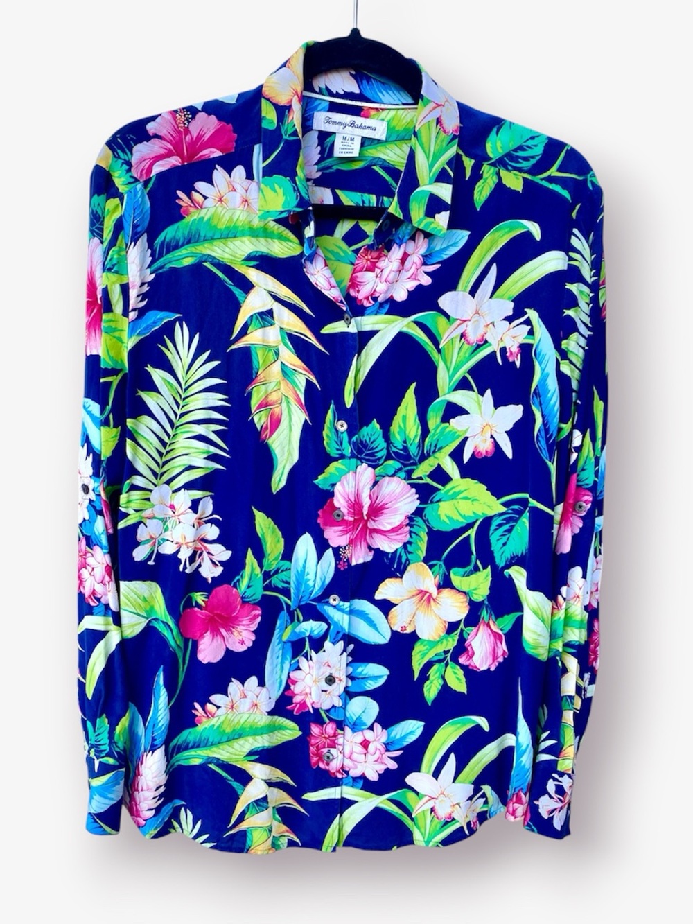 Tommy Bahama Navy Blue Tropical Floral Silk Shirt Size M
